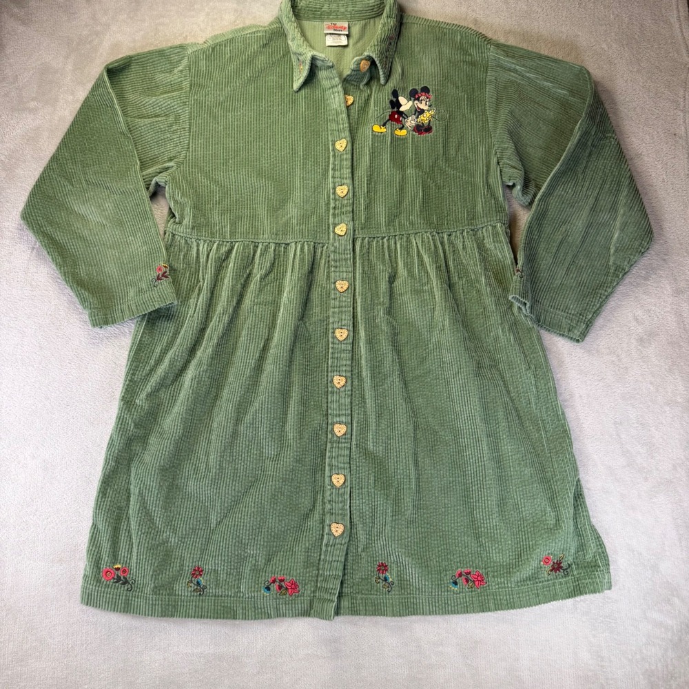Vintage Disney Store Mickey Minnie Mouse Corduroy Dress Sage Green Floral‎ Large